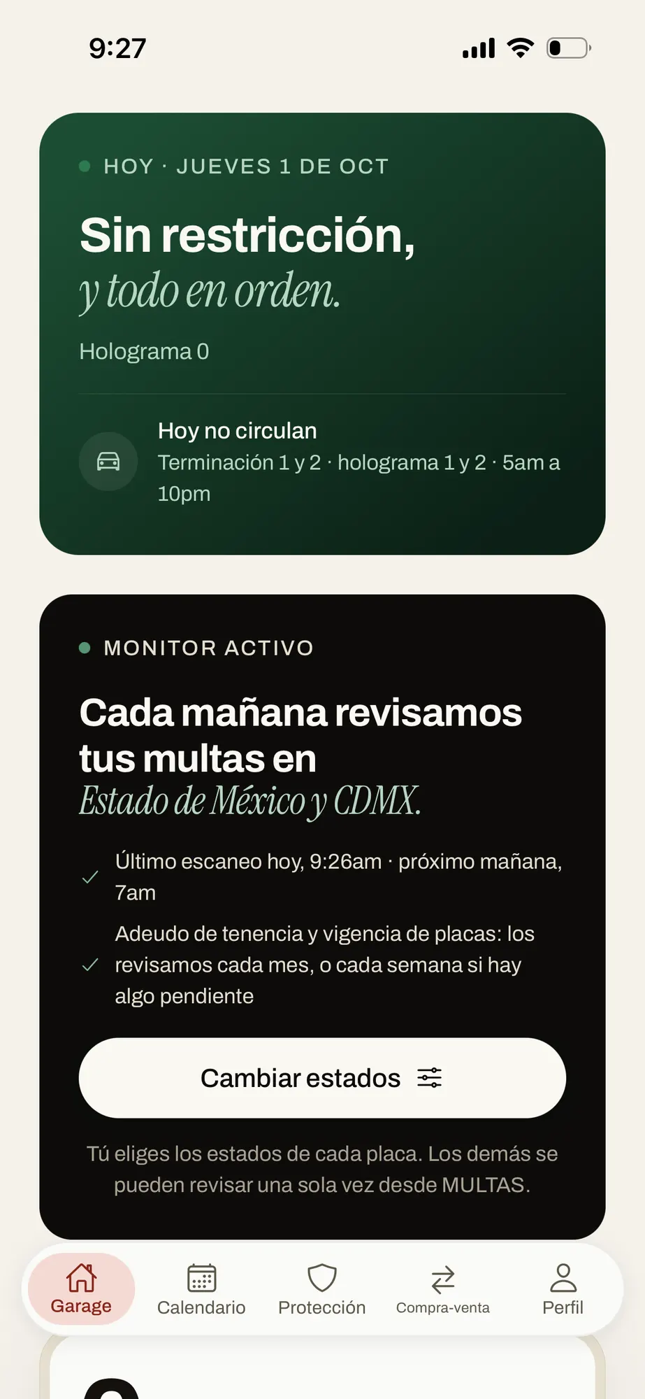 Card Monitor activo de la app: cada mañana revisamos tus multas en Estado de México y CDMX; último escaneo hoy a las 9:26, el próximo mañana a las 7.