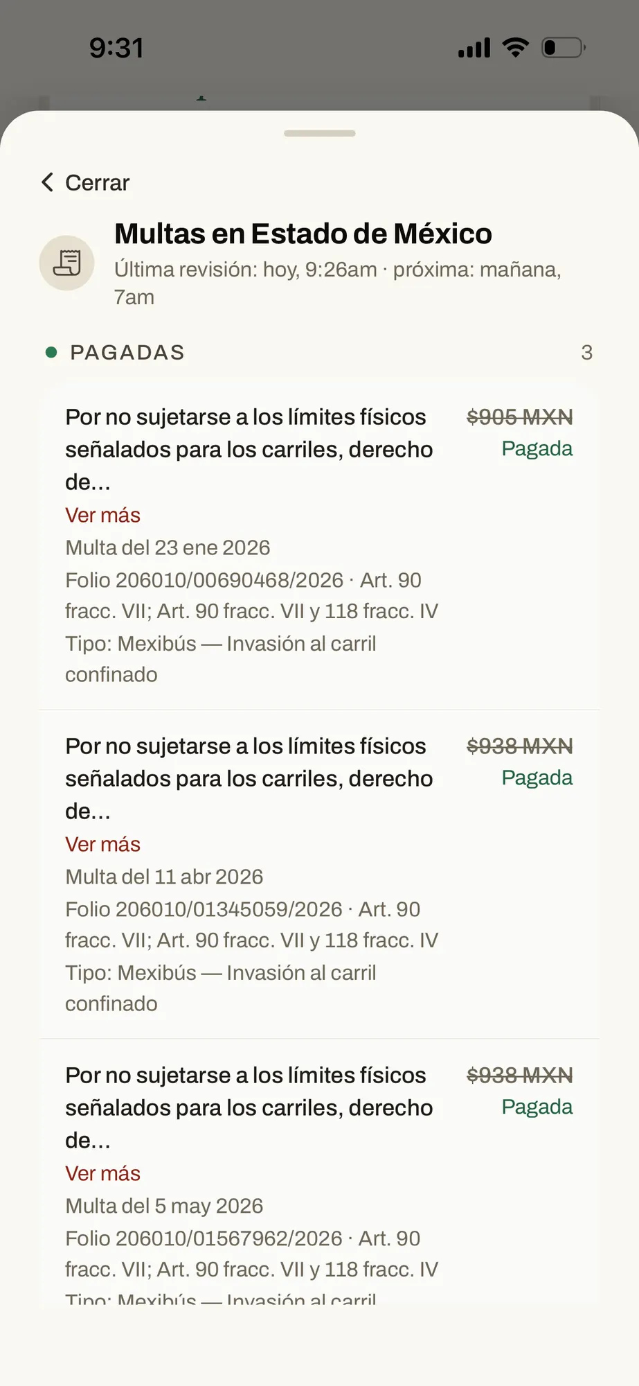 Recorte de la app: Multas en Estado de México, última revisión hoy a las 9:26 y la próxima mañana a las 7.