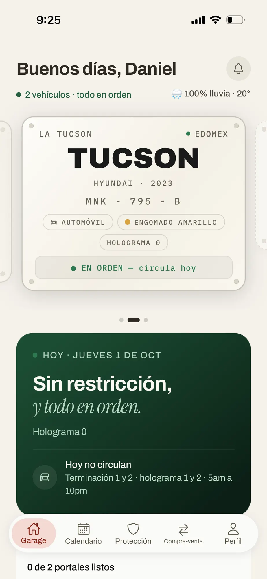 Pantalla Mi garage de MiCopilotoMX: la placa de la Hyundai Tucson y el Hoy No Circula de hoy, sin restricción y todo en orden.
