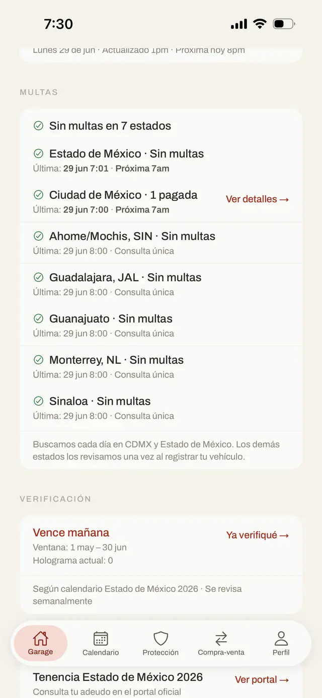 Pantalla de multas: revisión en 9 estados, sin multas pendientes